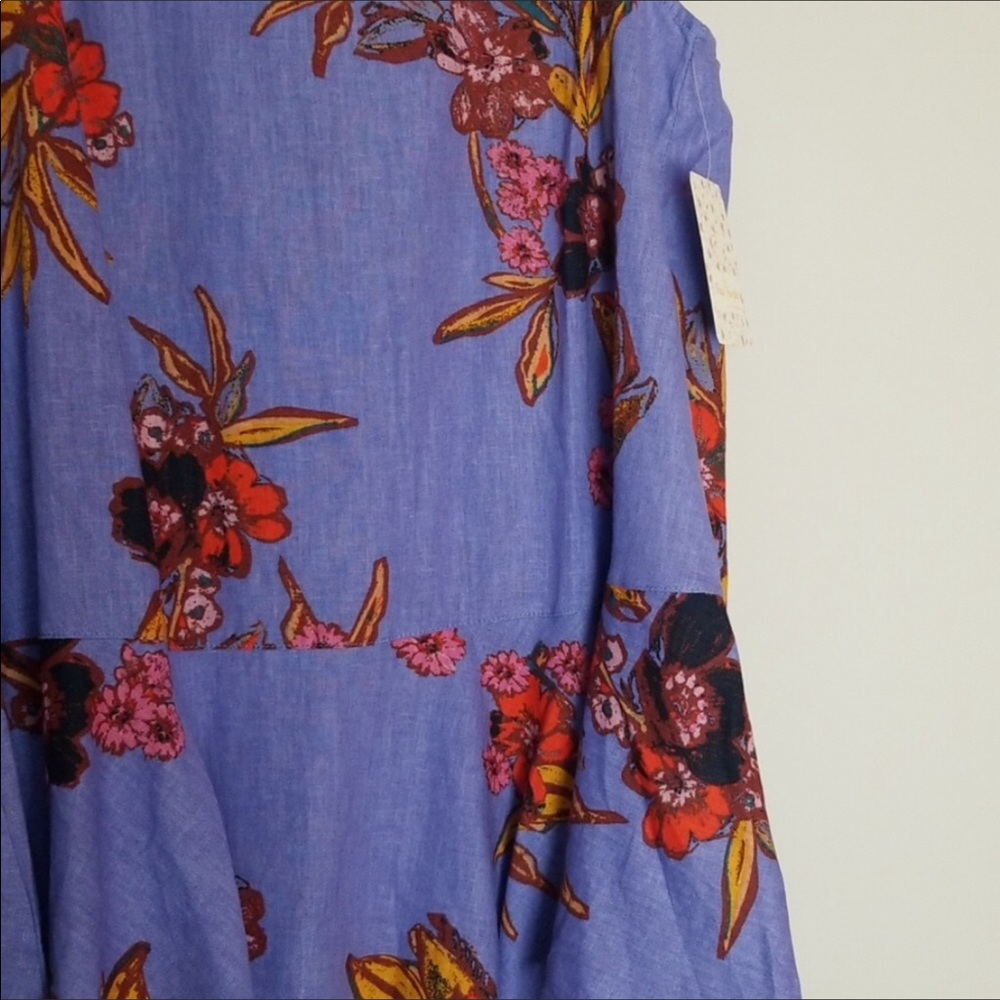Free People Floral Tie Back Linen Top in Blue S - Picture 5 of 8